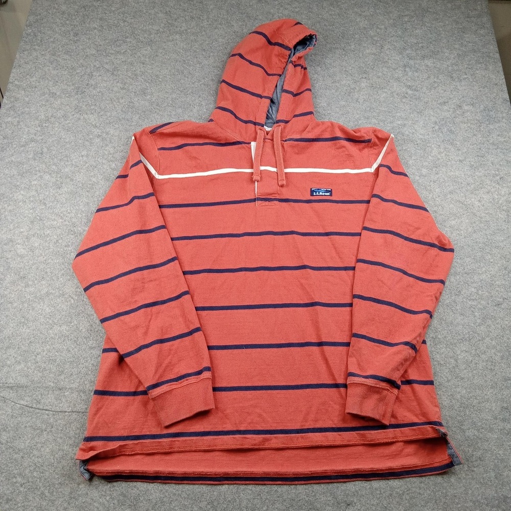 L.L. Bean Hoodie Mens XL Orange Striped Lightweight Henley Jersey Cotton Logo